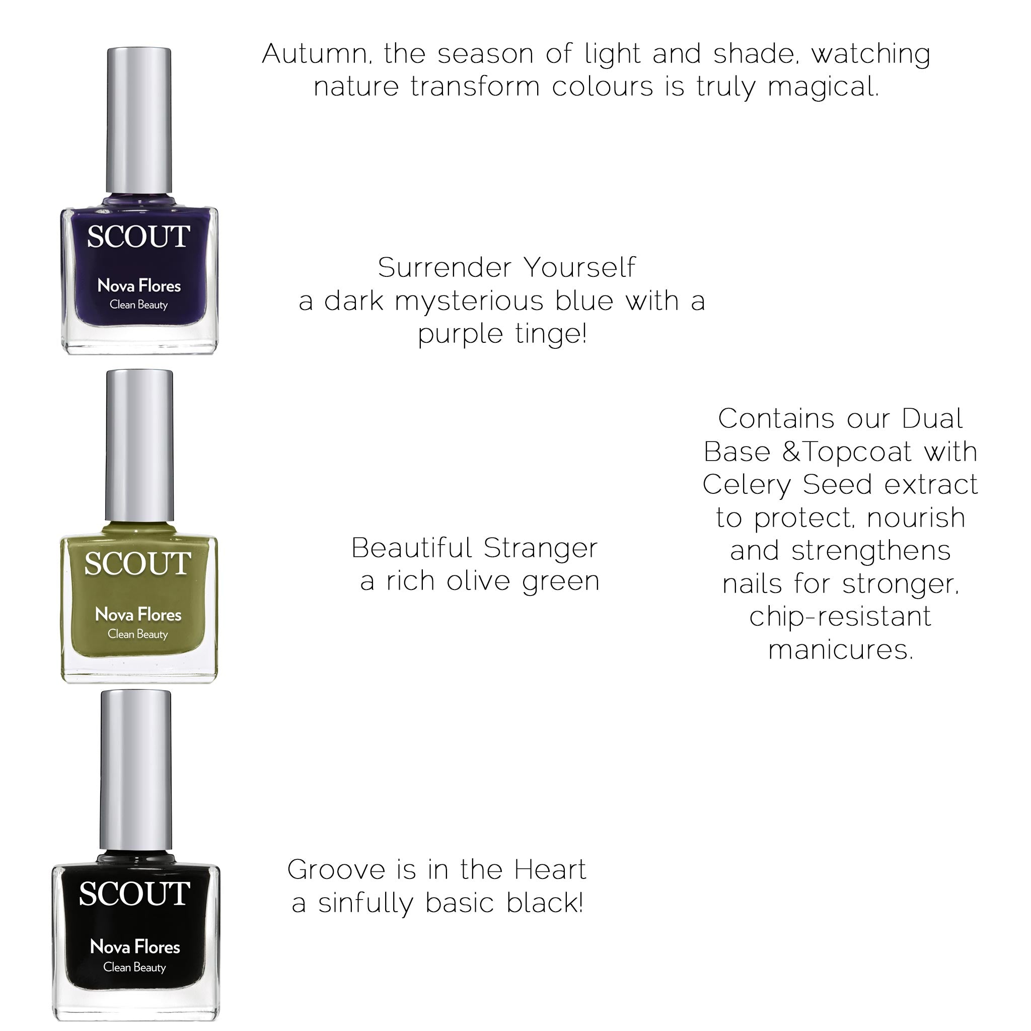 breathable nail polish kit with three shades and clear base & top coat