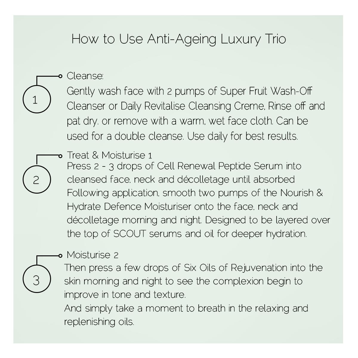 Instructions on how to use Anti-Ageing Luxury Trio certified Organic anti aging skincare 