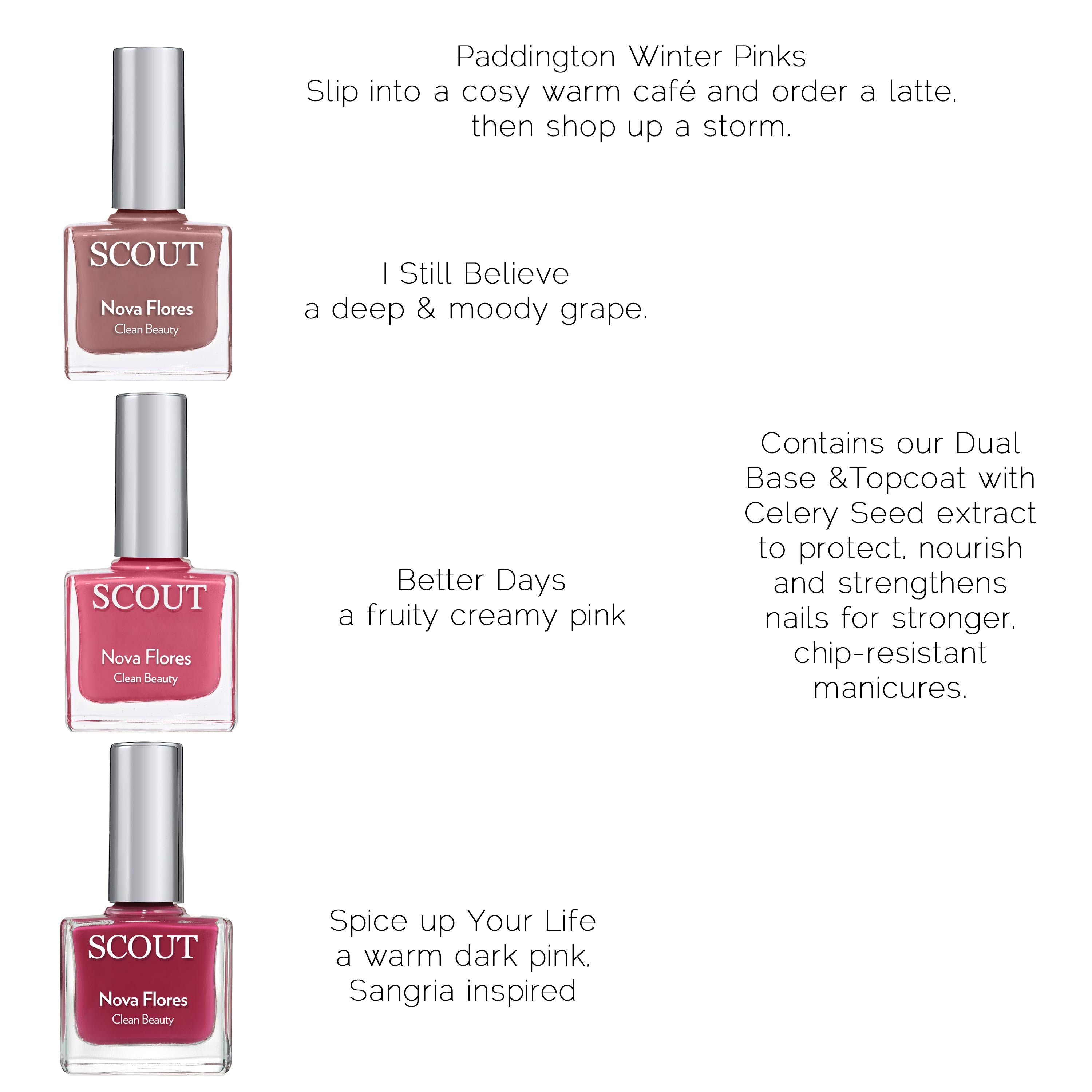 breathable nail polish kit with three shades and clear base & top coat