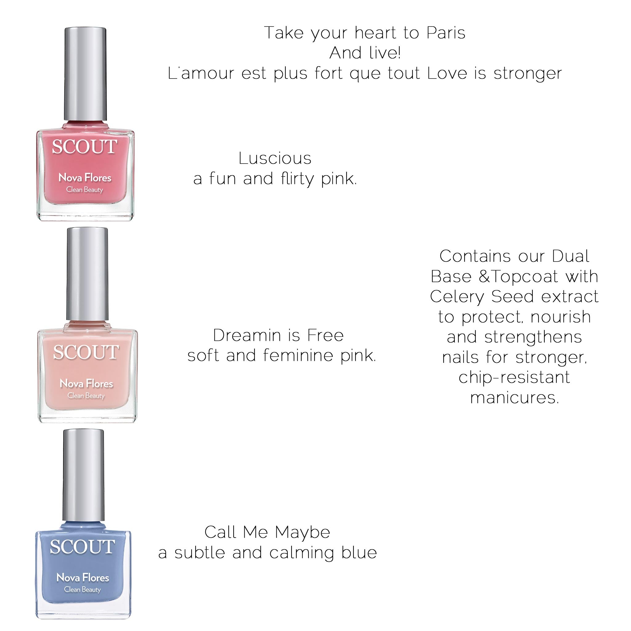 breathable nail polish kit with three shades and clear base & top coat